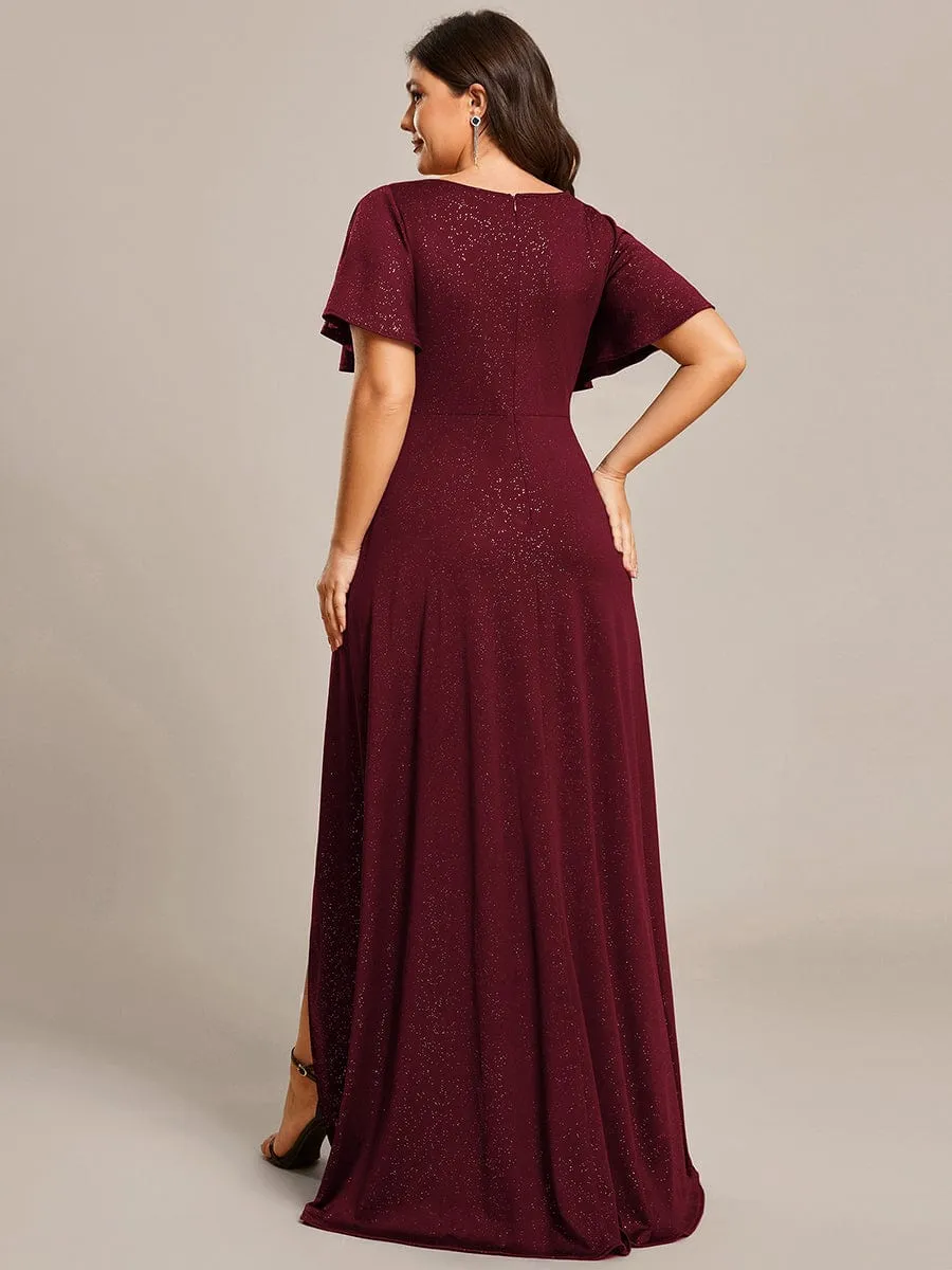 Ruffle Sleeves V Neck High Low Evening Dress