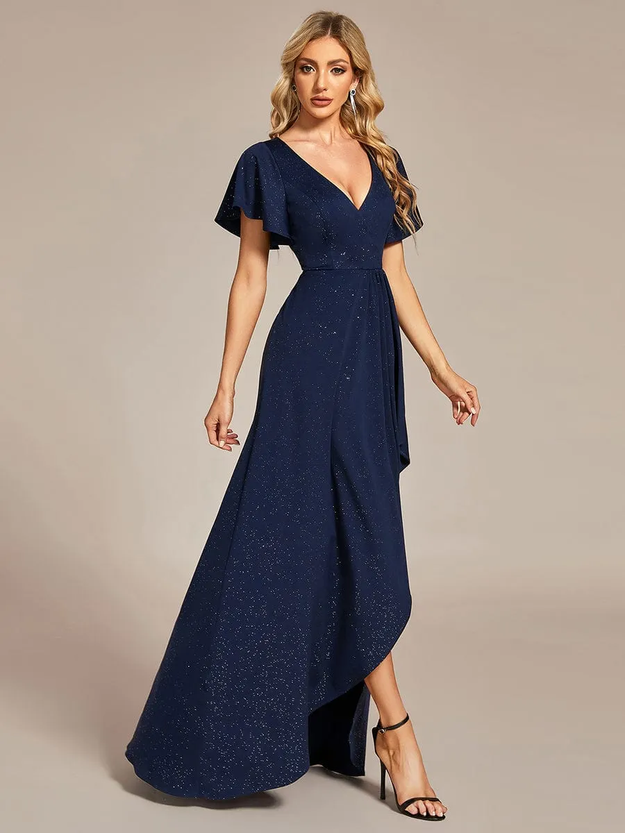 Ruffle Sleeves V Neck High Low Evening Dress