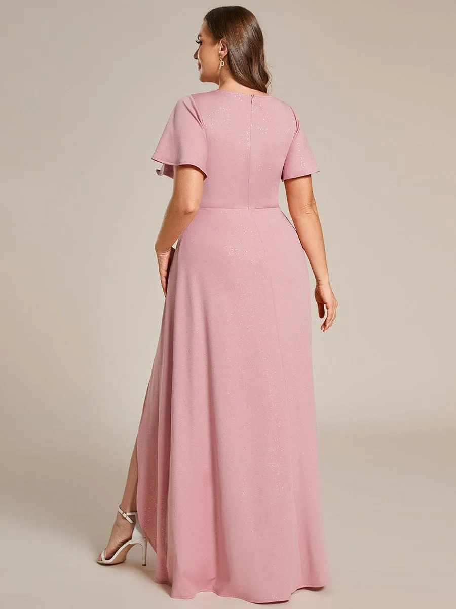 Ruffle Sleeves V Neck High Low Evening Dress