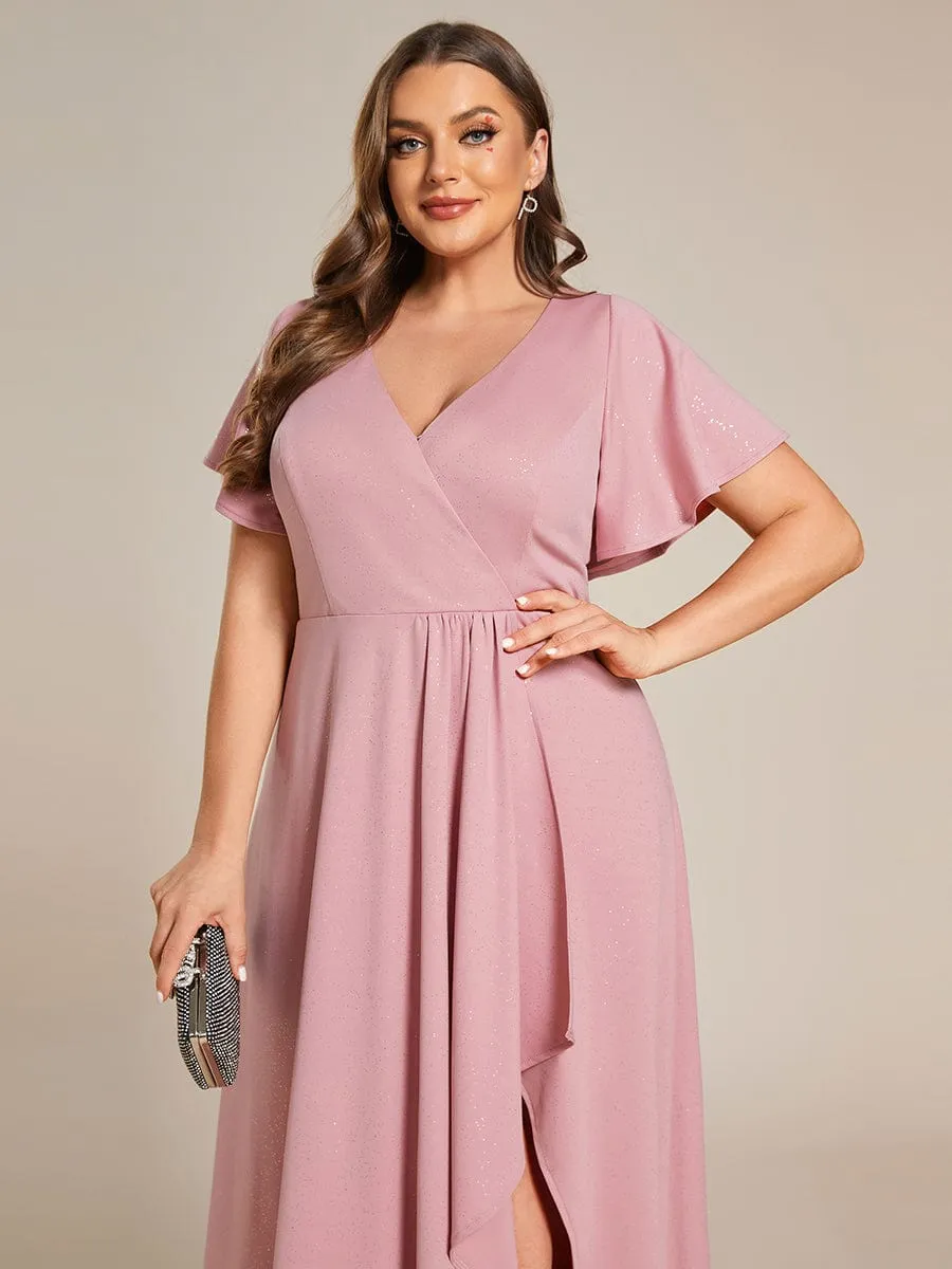 Ruffle Sleeves V Neck High Low Evening Dress
