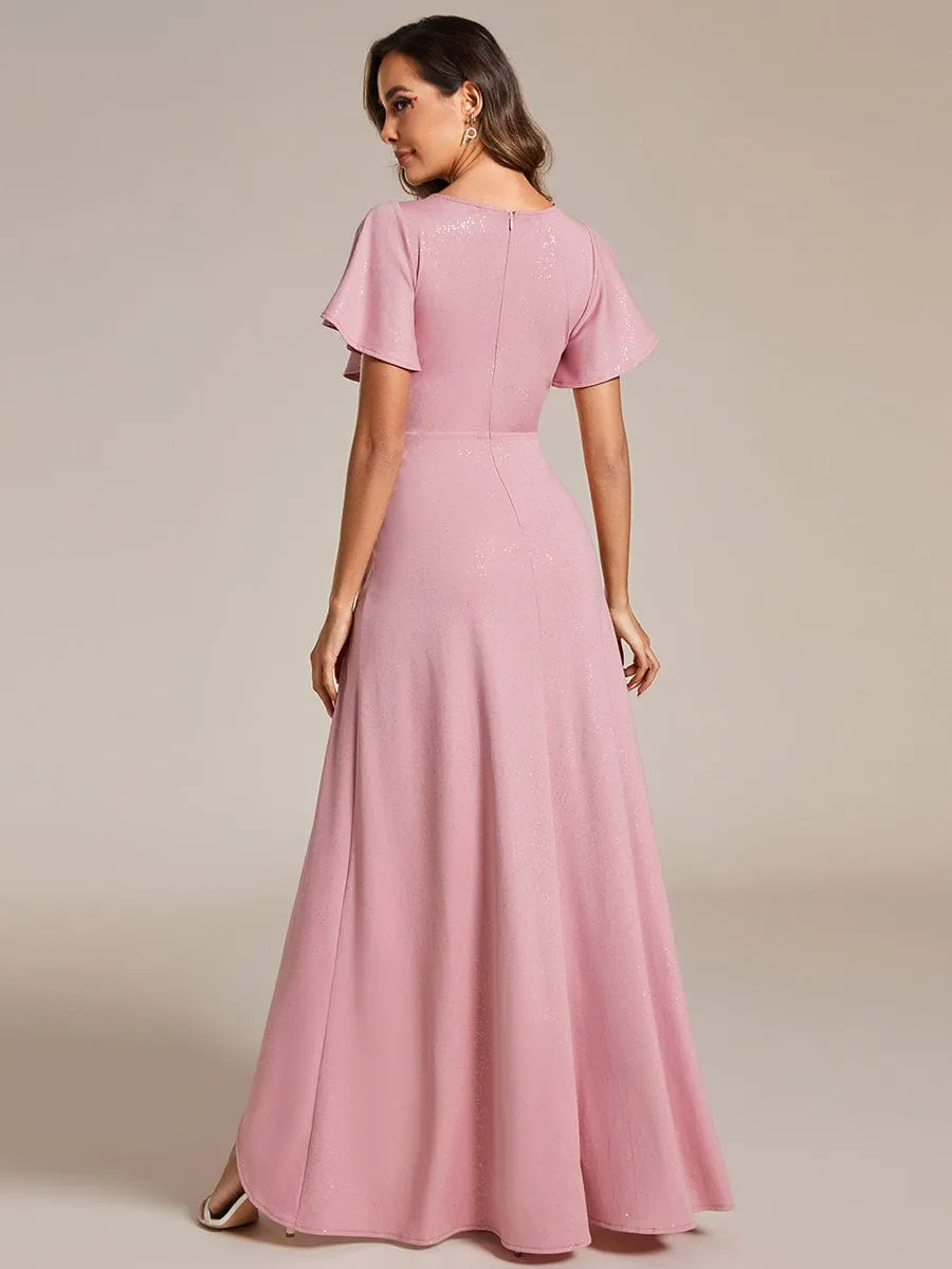Ruffle Sleeves V Neck High Low Evening Dress