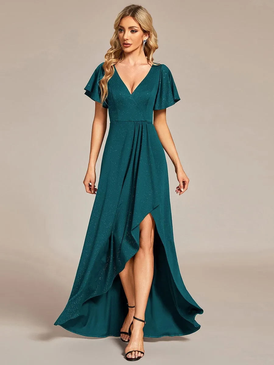 Ruffle Sleeves V Neck High Low Evening Dress