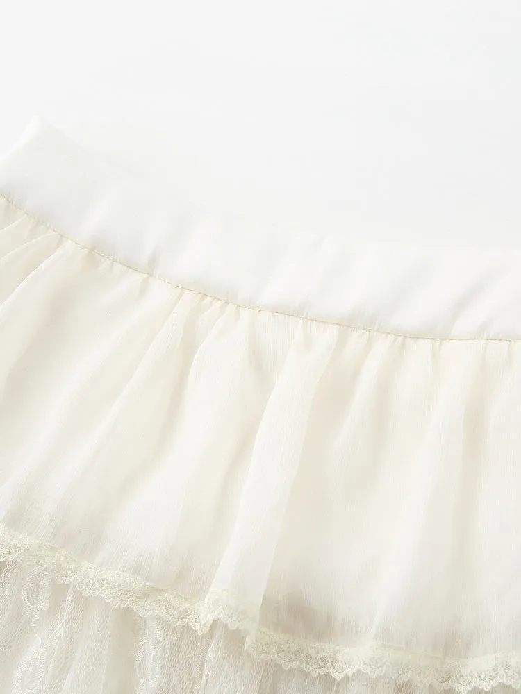 Sheer Frill Lace Feminine Blouse&Mini-Skirt