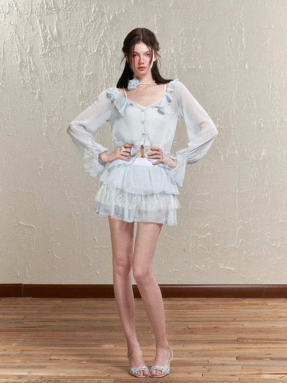 Sheer Frill Lace Feminine Blouse&Mini-Skirt