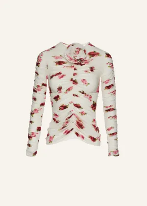 Sheer ruched rose appliqué top in cream print