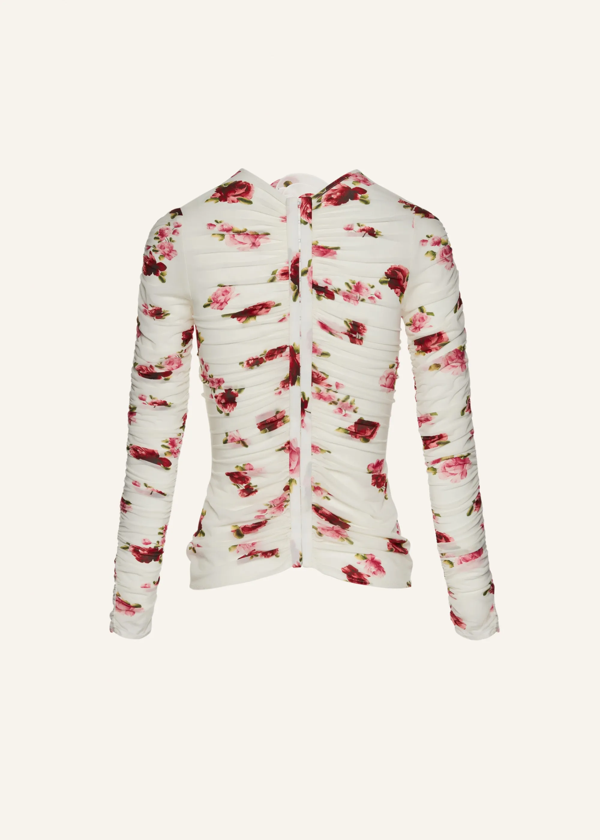 Sheer ruched rose appliqué top in cream print