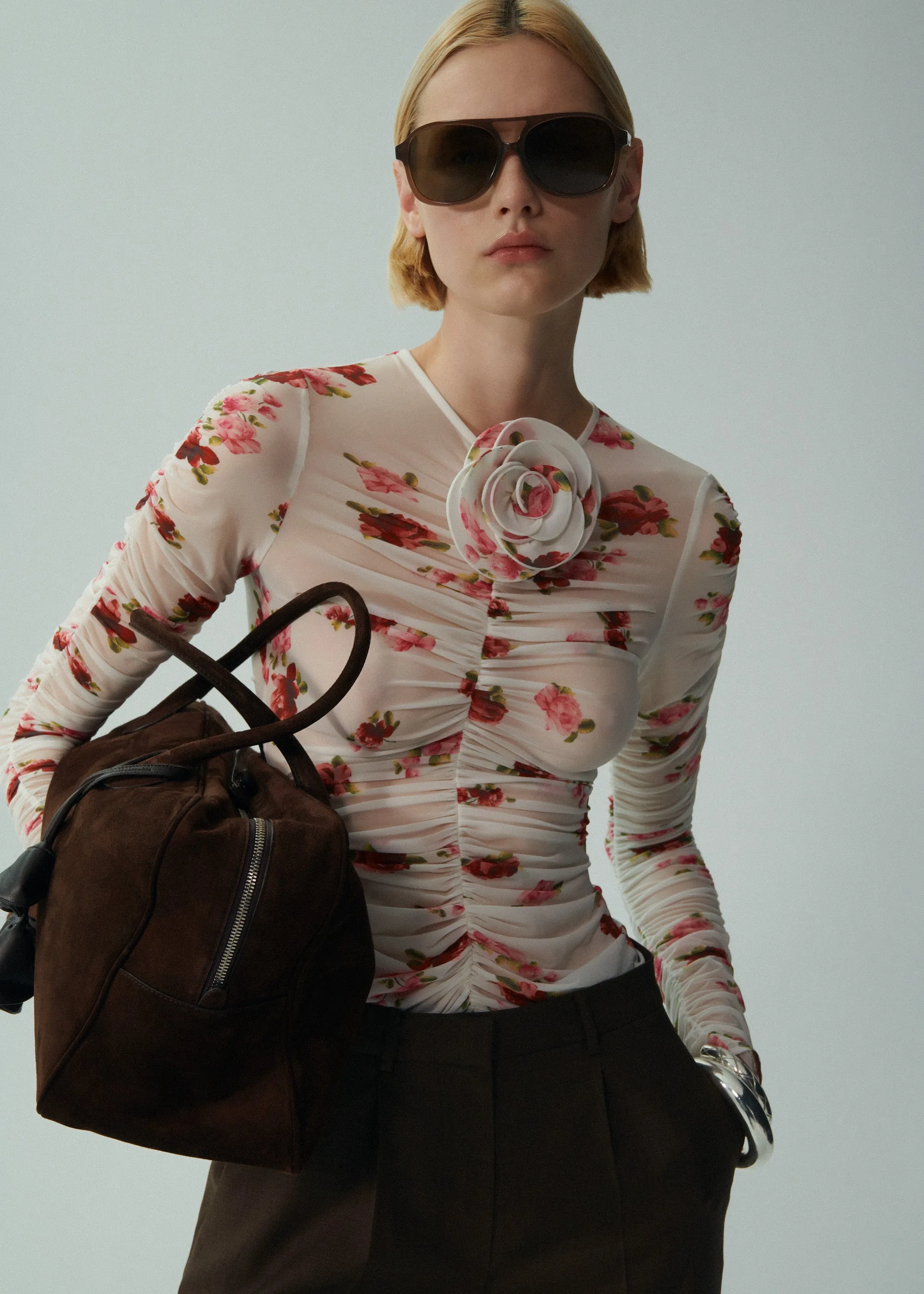Sheer ruched rose appliqué top in cream print
