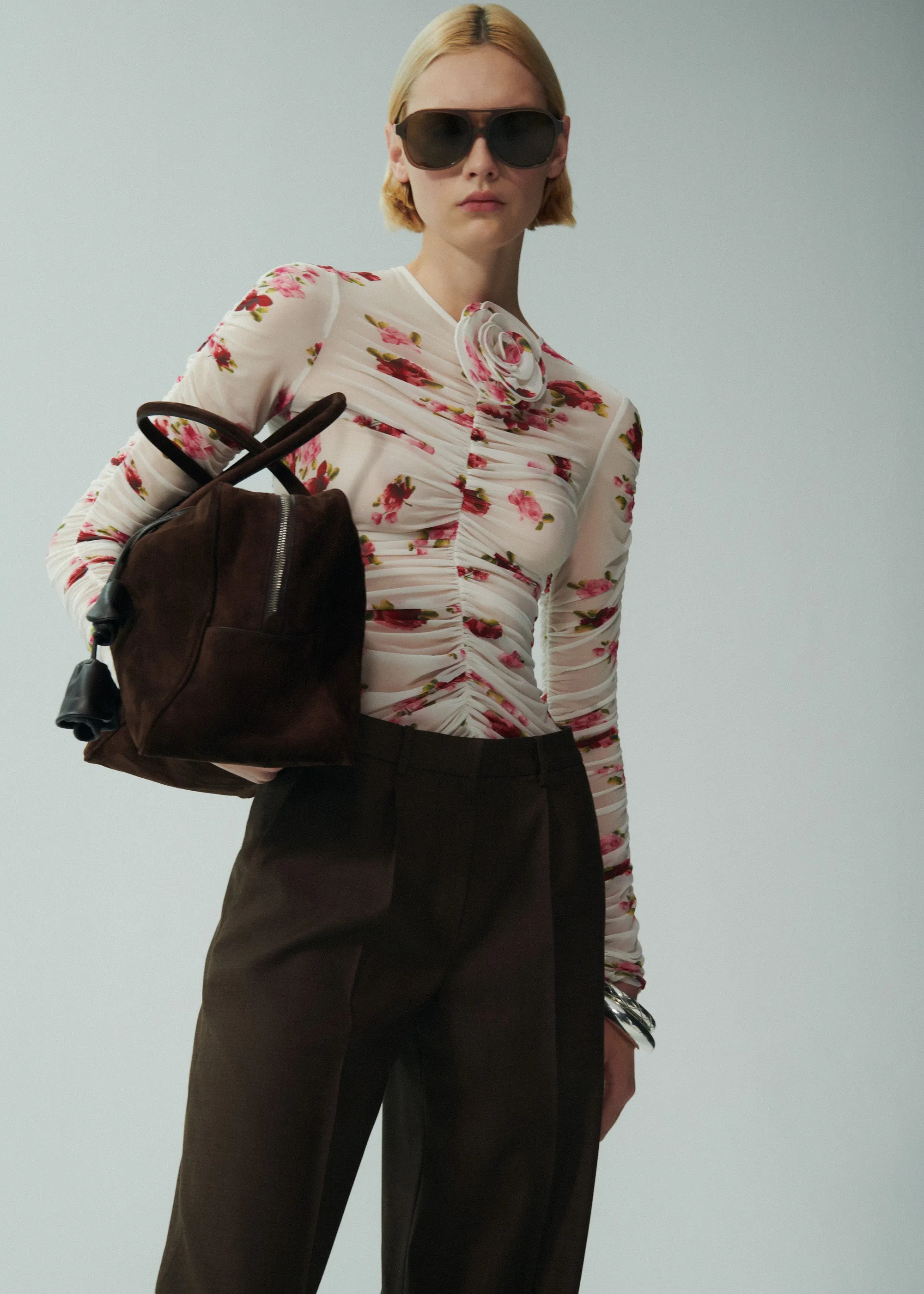 Sheer ruched rose appliqué top in cream print