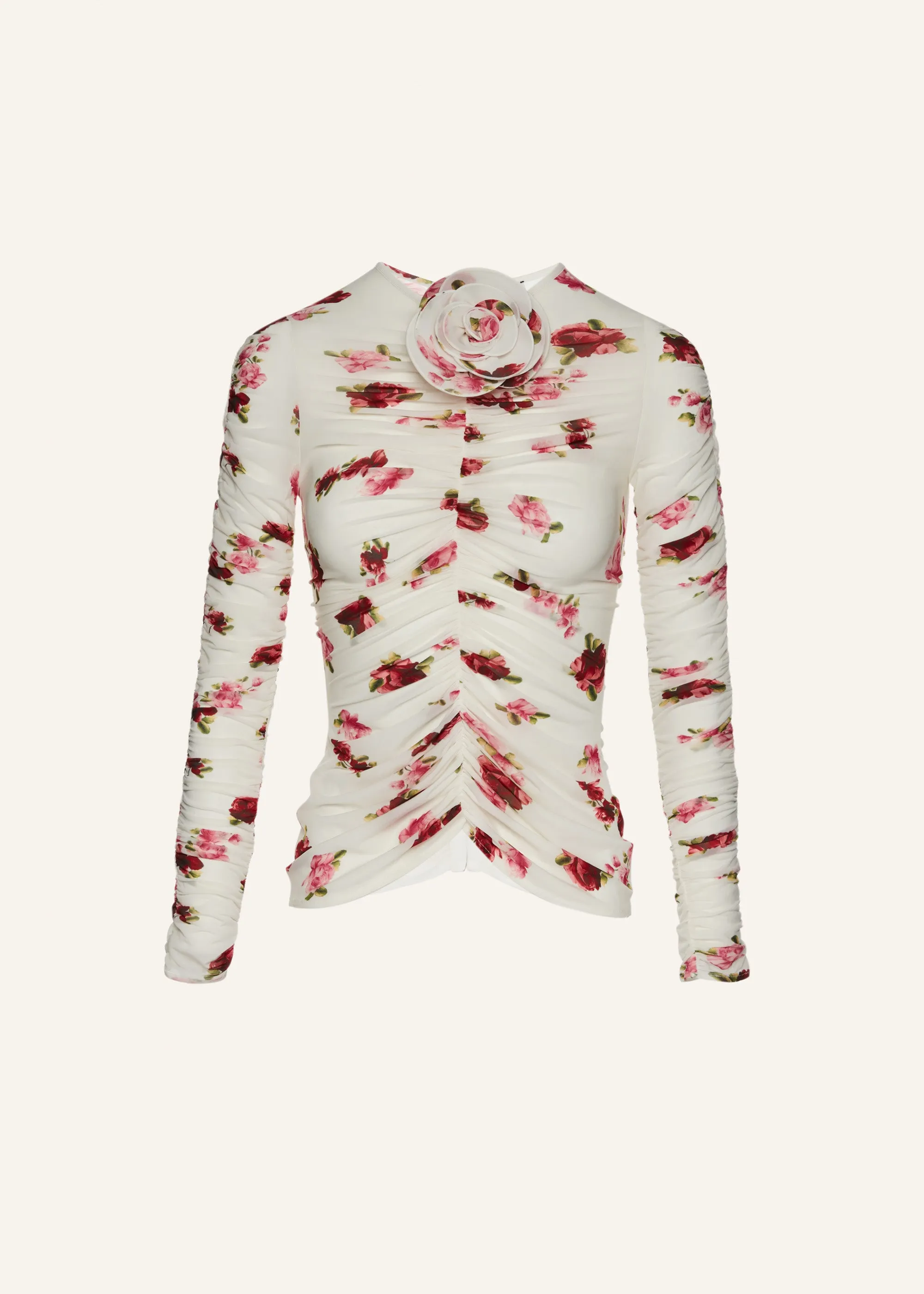 Sheer ruched rose appliqué top in cream print
