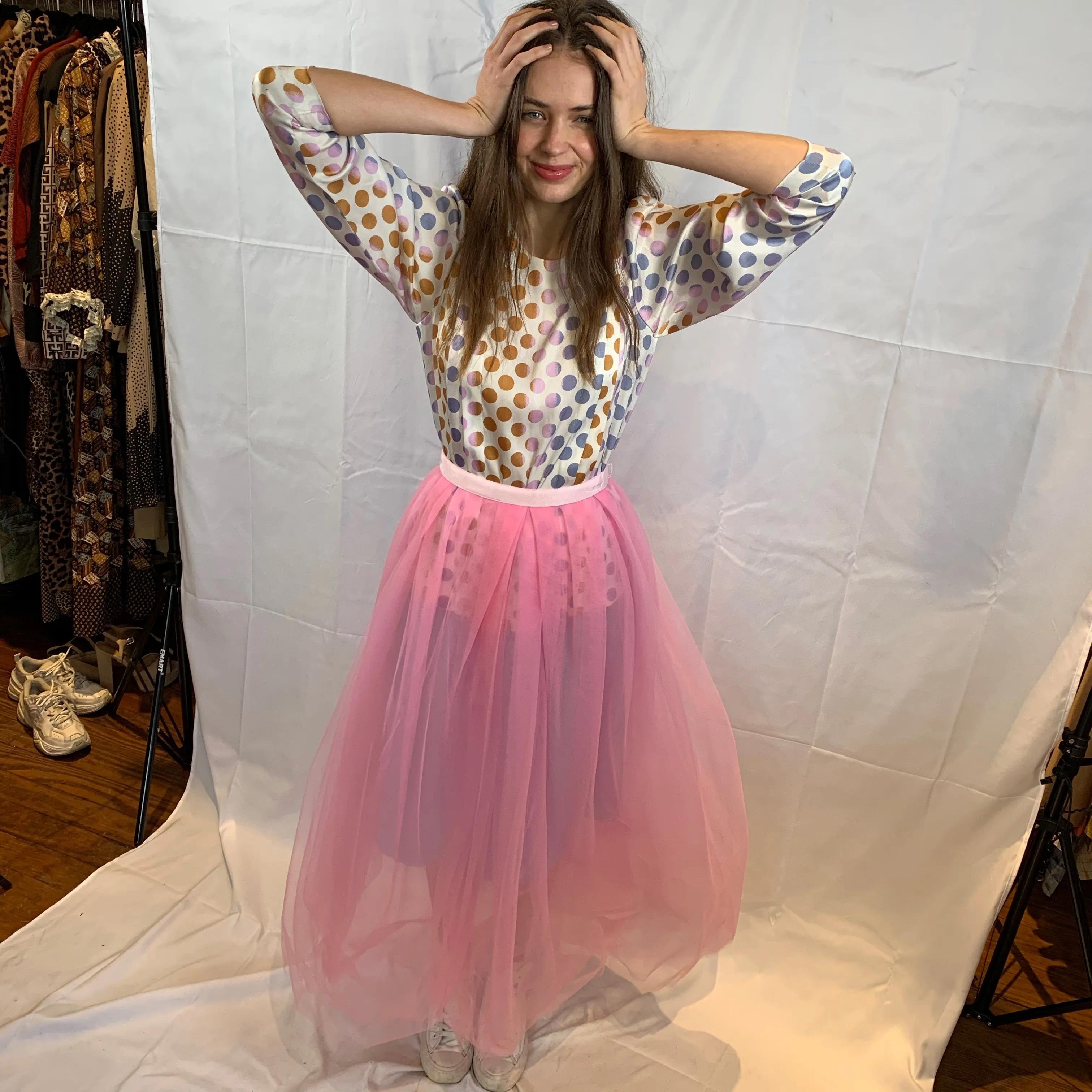Silky pastel polka dot top