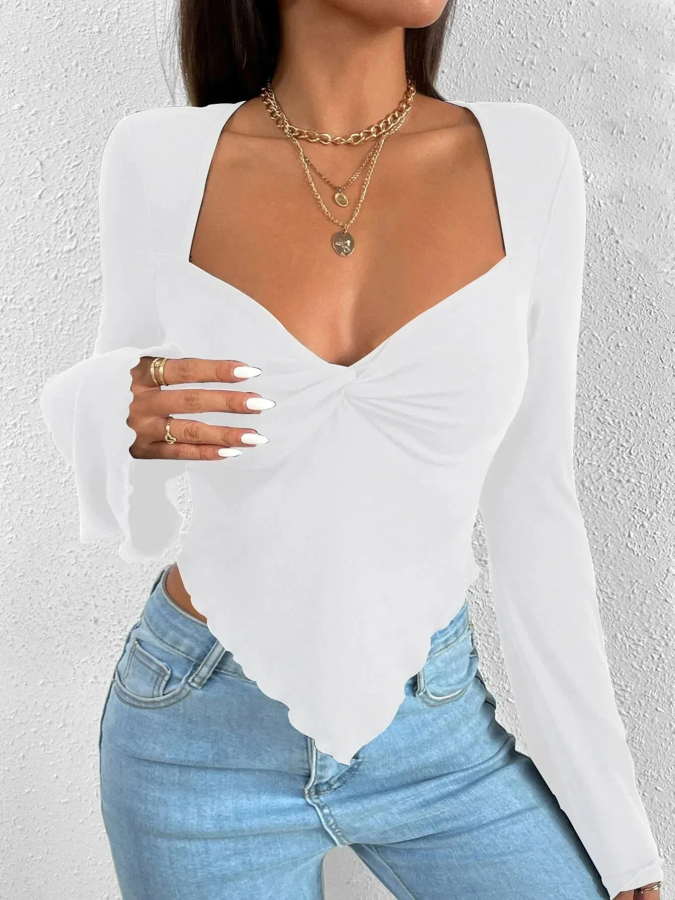 Sleeves Tucked Waist Irregular Knitted V-neck Holiday Women's Long Sleeve Polyester Y2k Top T-shirt