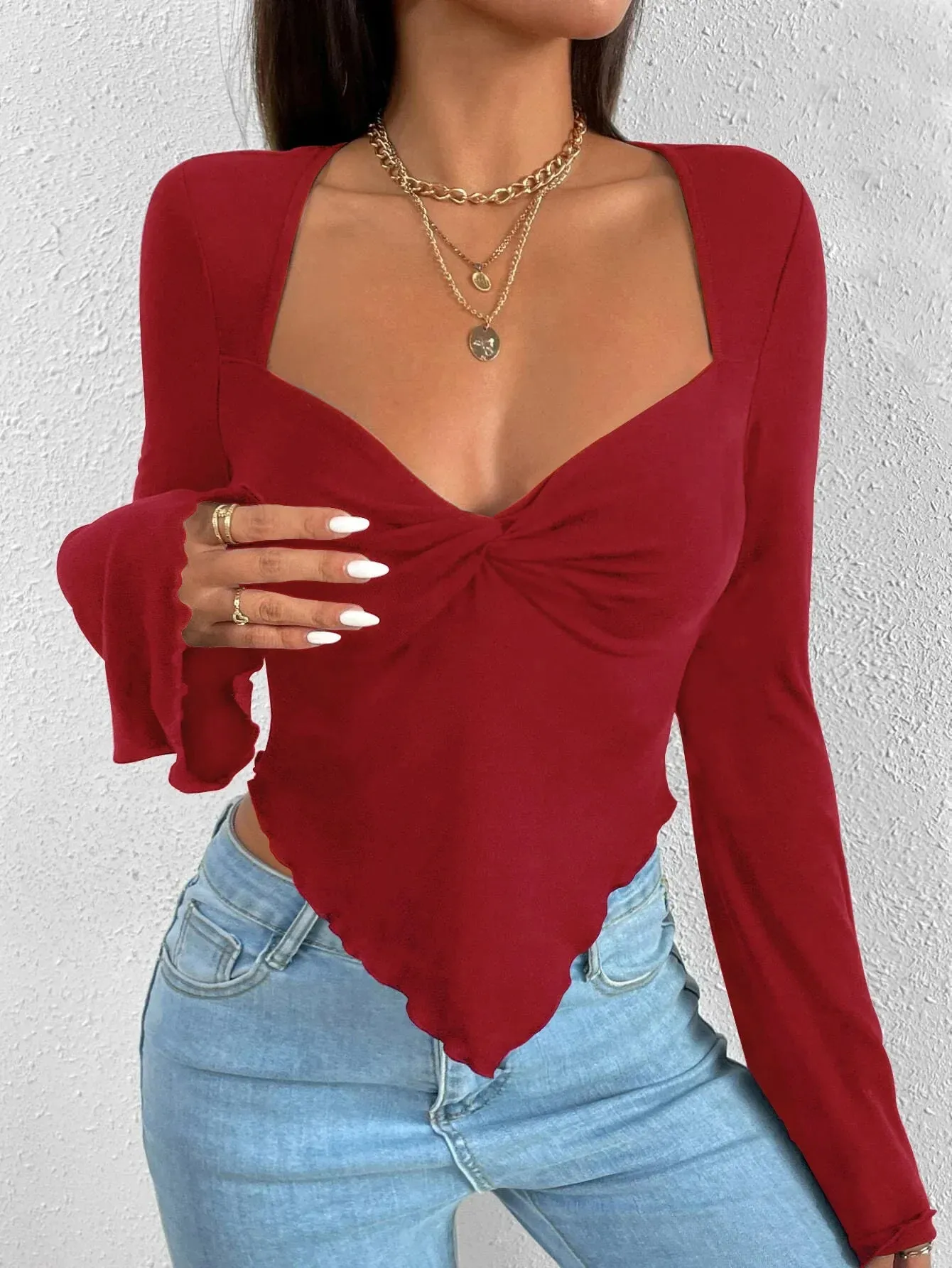 Sleeves Tucked Waist Irregular Knitted V-neck Holiday Women's Long Sleeve Polyester Y2k Top T-shirt
