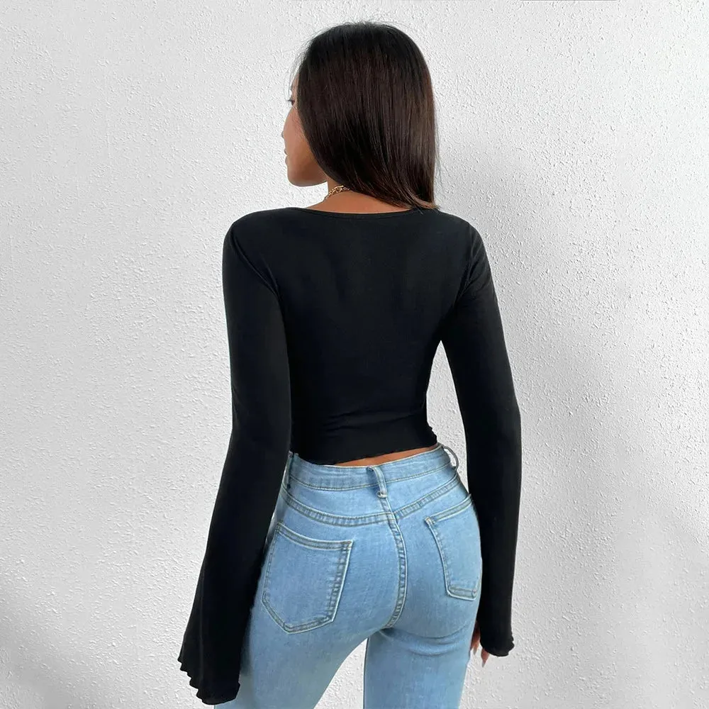 Sleeves Tucked Waist Irregular Knitted V-neck Holiday Women's Long Sleeve Polyester Y2k Top T-shirt