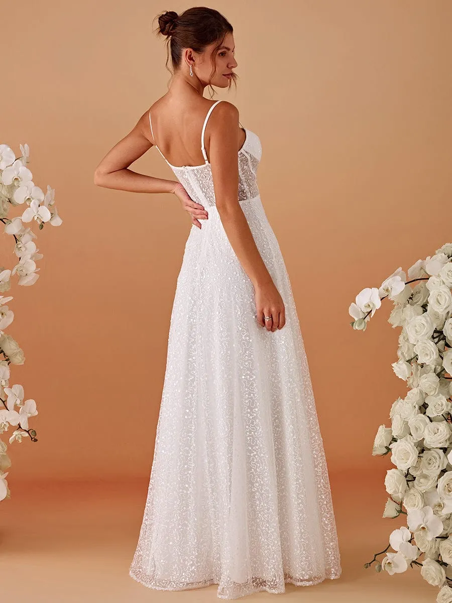 Spaghetti Strap Corset Sequin A-Line Maxi Wedding Dress