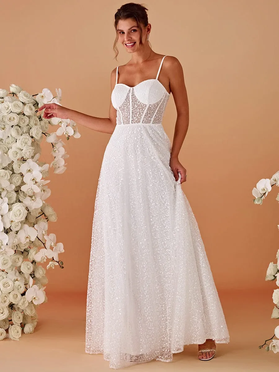 Spaghetti Strap Corset Sequin A-Line Maxi Wedding Dress