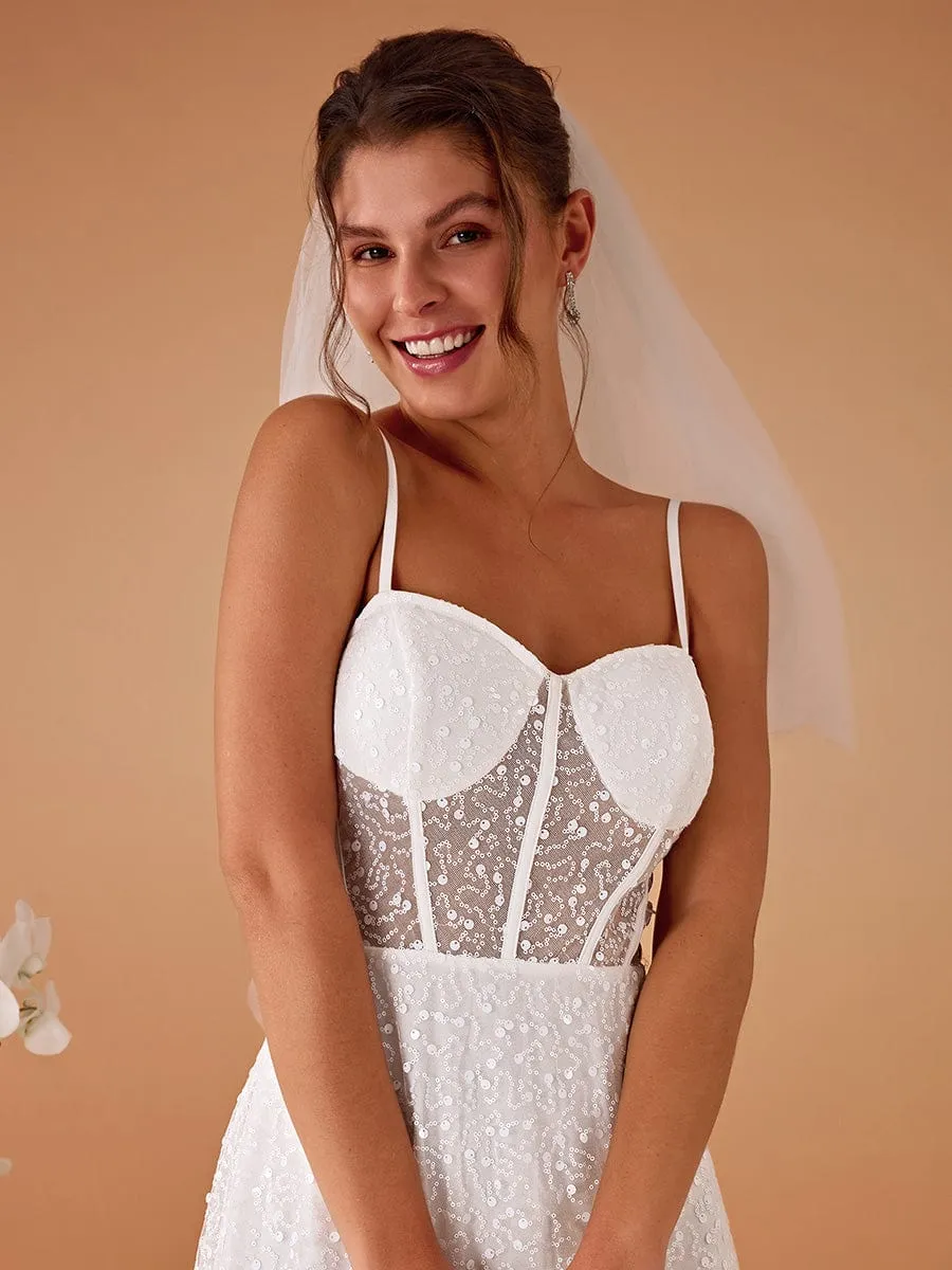 Spaghetti Strap Corset Sequin A-Line Maxi Wedding Dress