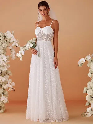 Spaghetti Strap Corset Sequin A-Line Maxi Wedding Dress