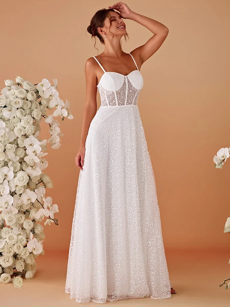 Spaghetti Strap Corset Sequin A-Line Maxi Wedding Dress