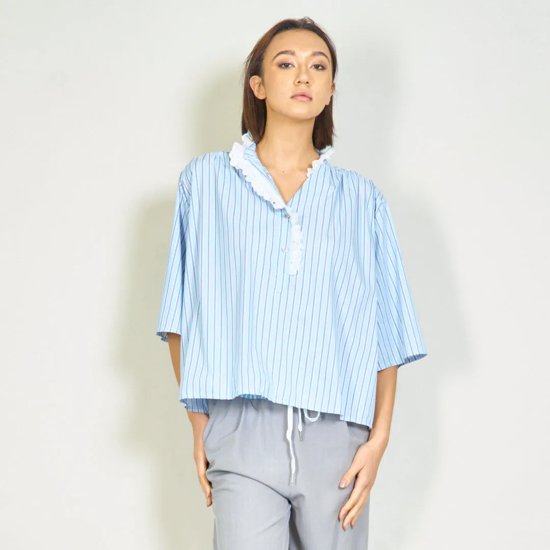 Striped blouse with lace accent and high collar wholesale