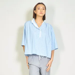 Striped blouse with lace accent and high collar wholesale
