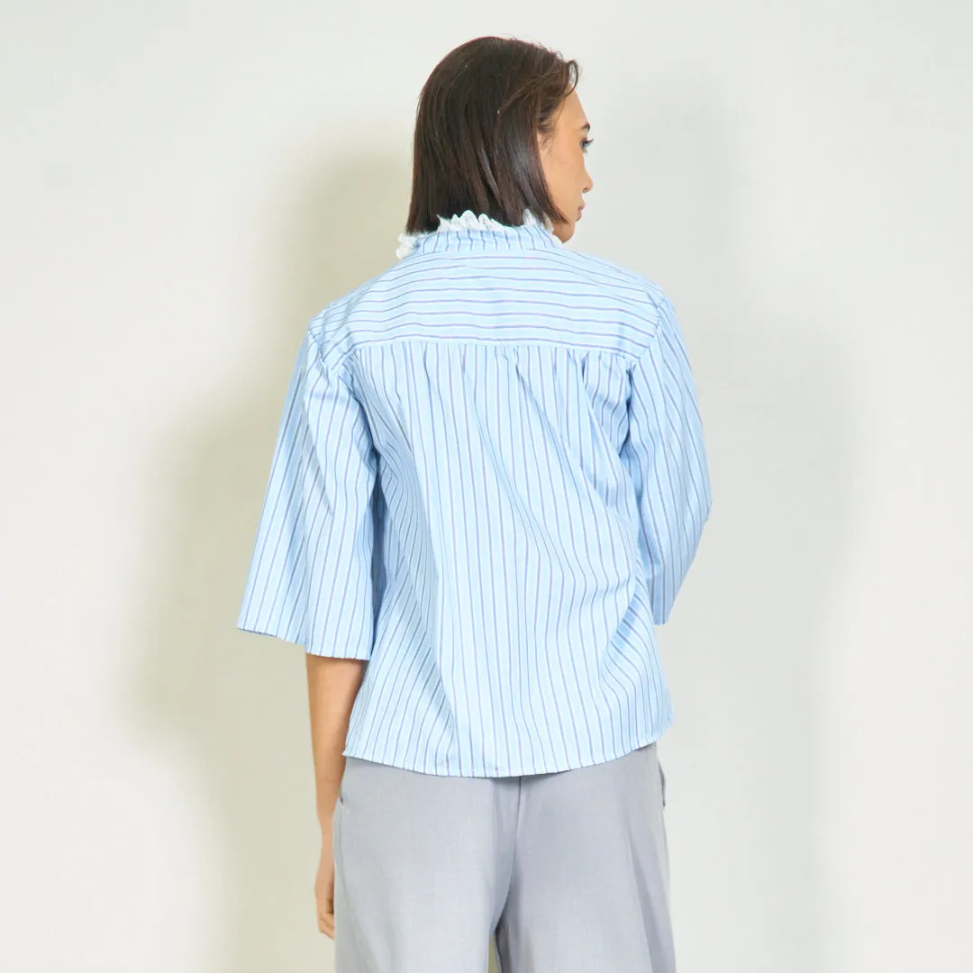 Striped blouse with lace accent and high collar wholesale