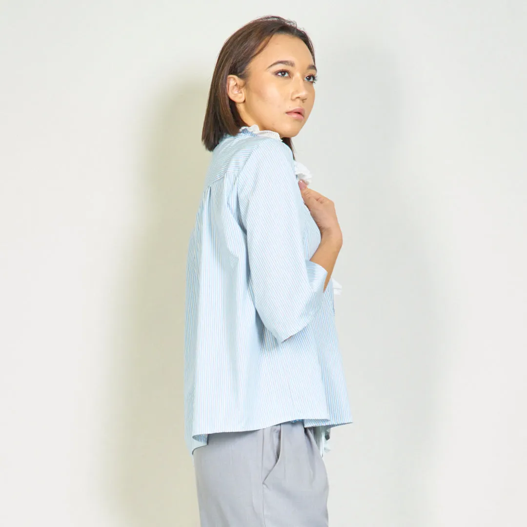 Striped blouse with lace ruffle front wholesale