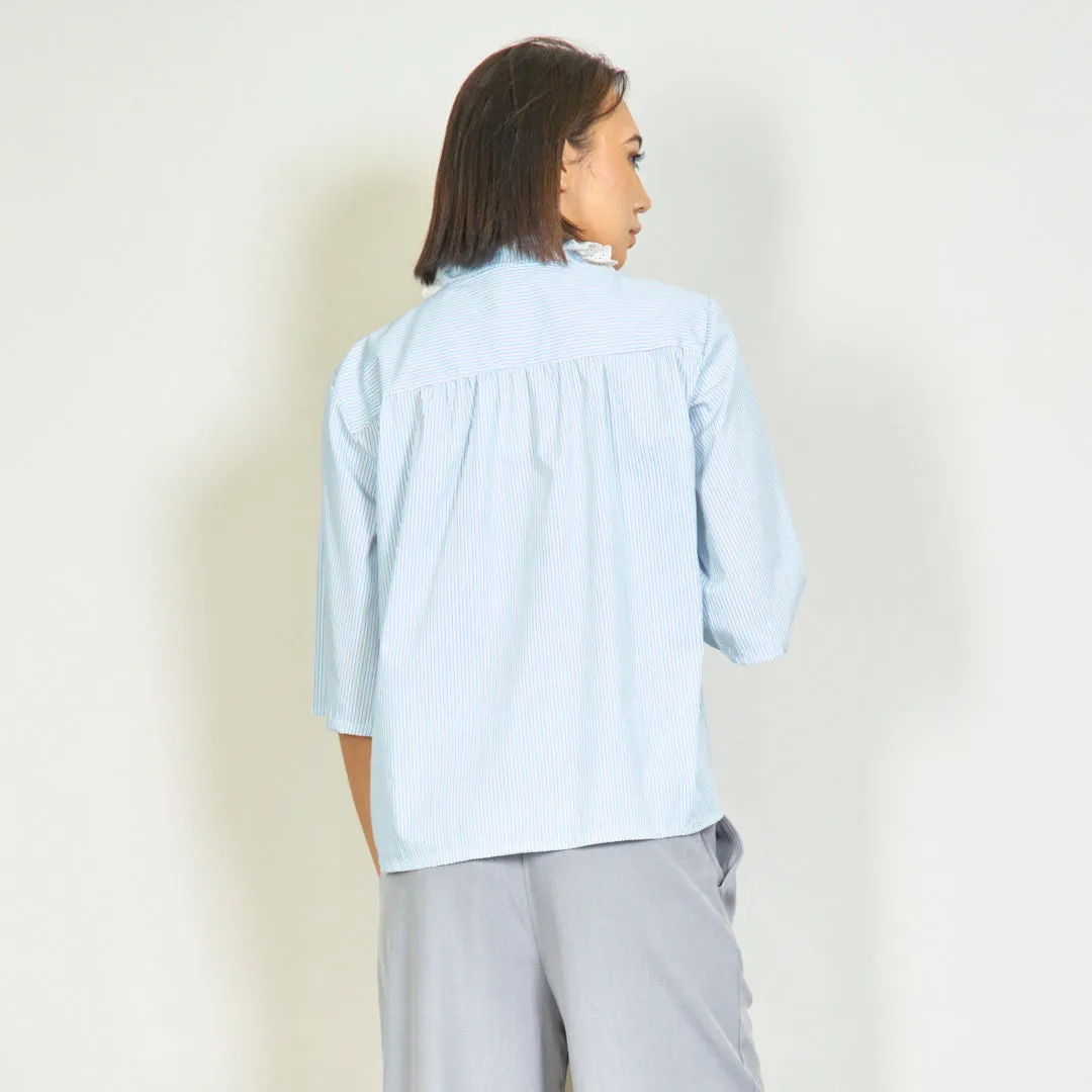 Striped blouse with lace ruffle front wholesale