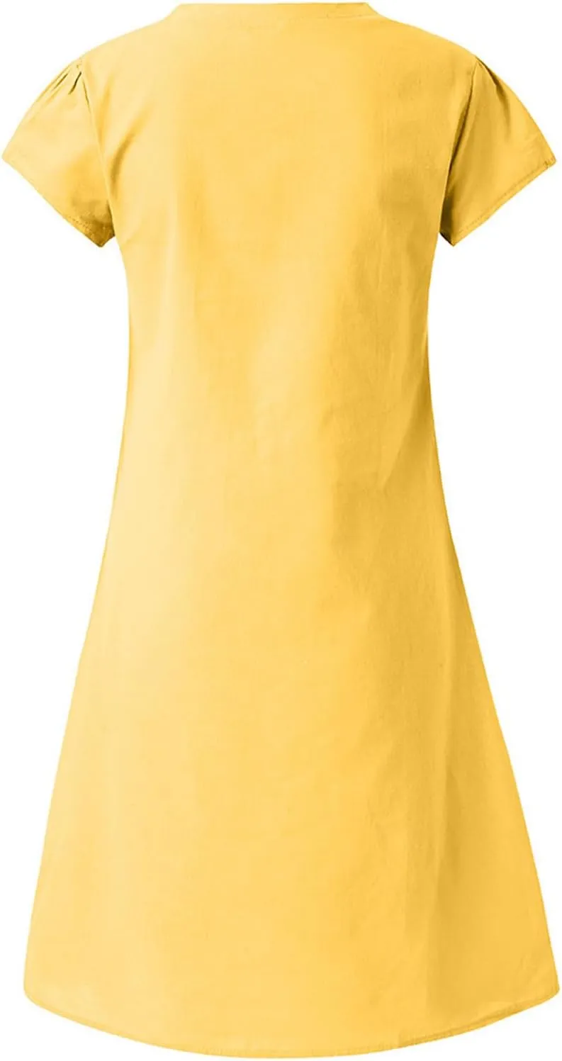 Summer Cotton Linen Dresses Women 2025 Casual Solid V Neck Short Sleeve Dress Slim Beach Vacation Knee Length Dresses