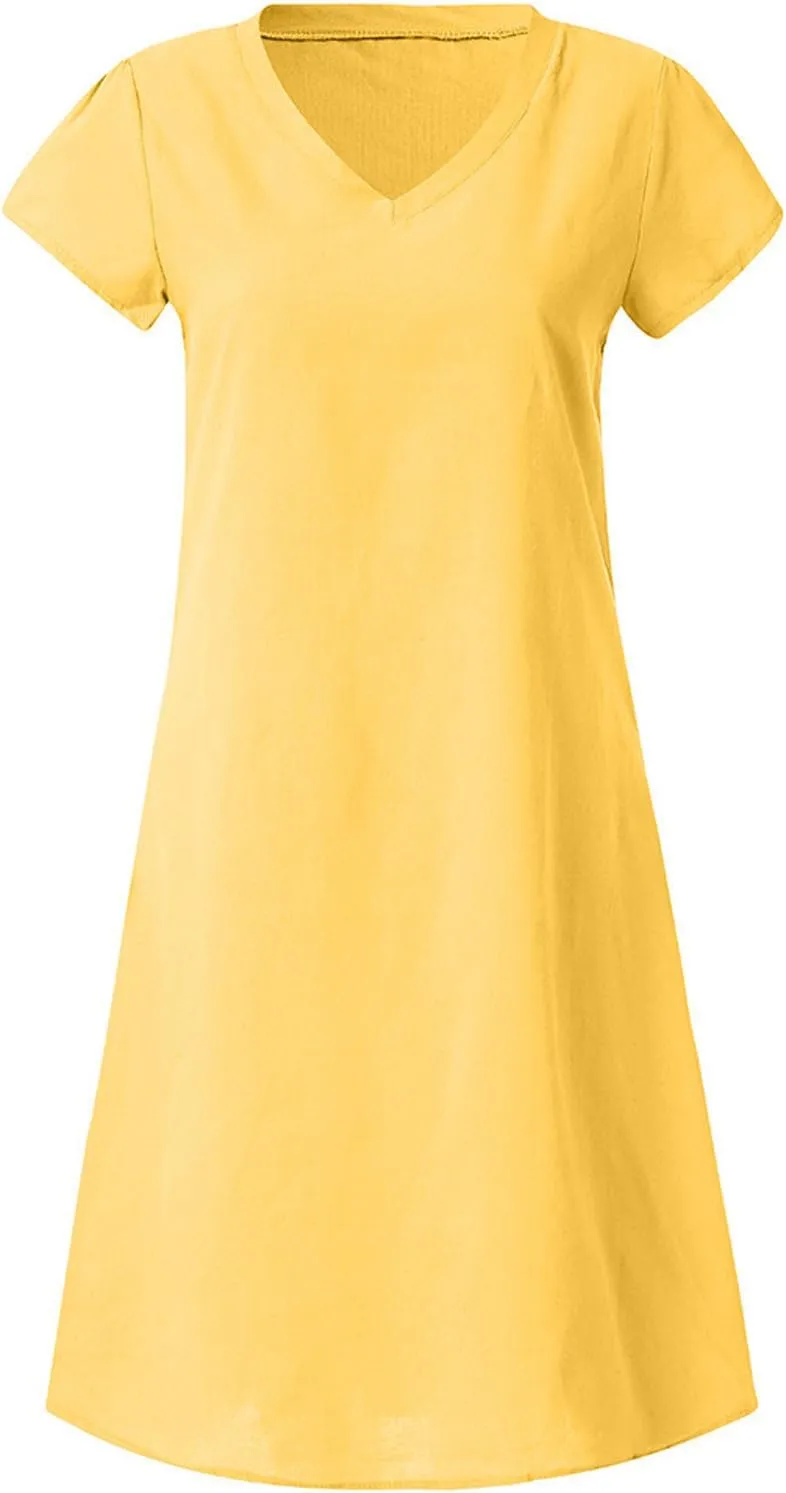 Summer Cotton Linen Dresses Women 2025 Casual Solid V Neck Short Sleeve Dress Slim Beach Vacation Knee Length Dresses