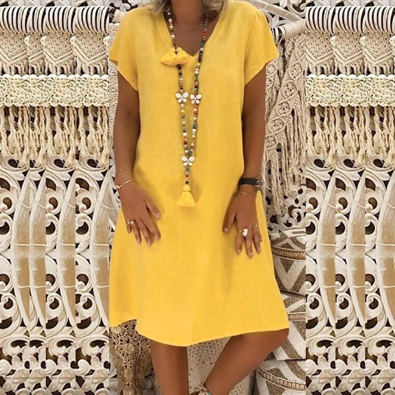Summer Cotton Linen Dresses Women 2025 Casual Solid V Neck Short Sleeve Dress Slim Beach Vacation Knee Length Dresses