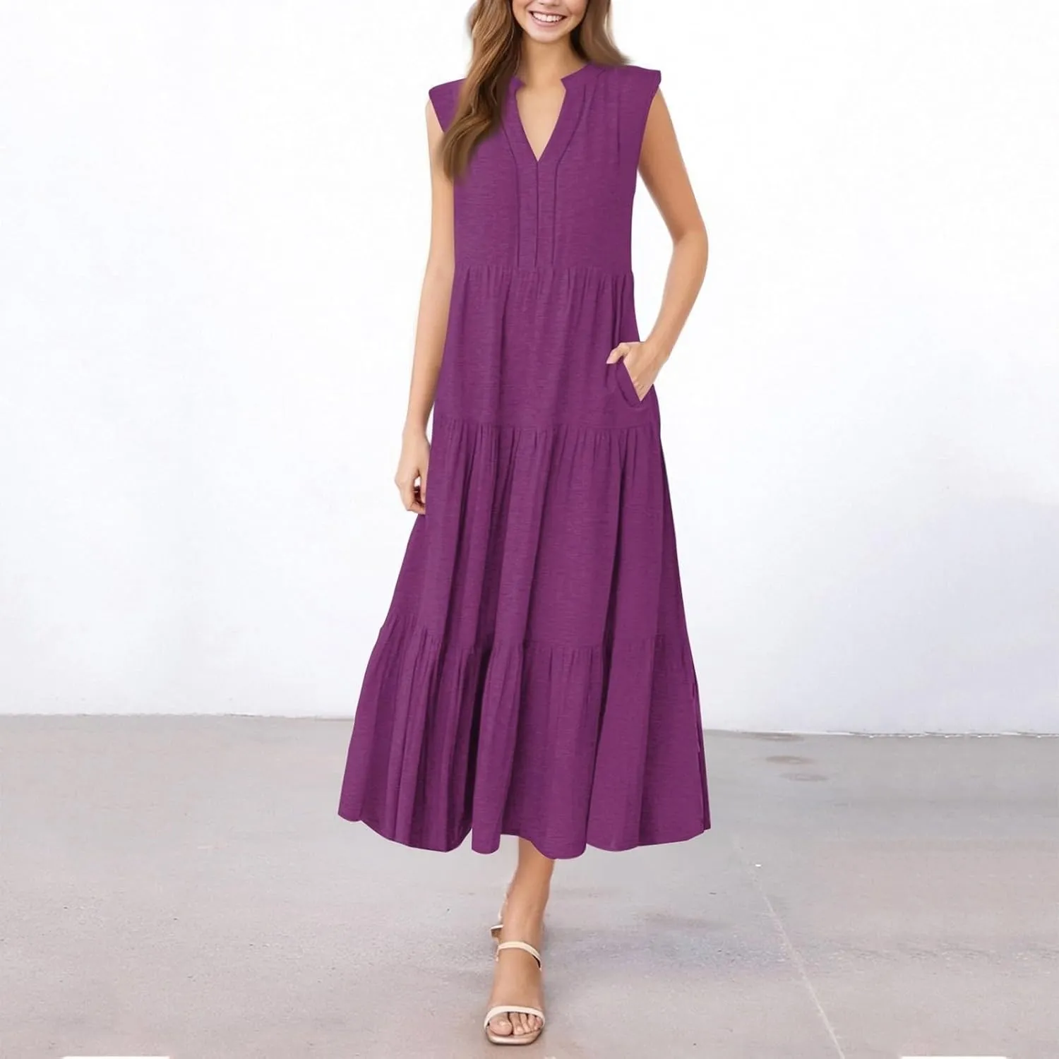 Summer Dresses for Women 2025 Casual Boho Maxi Sundresses Sleeveless V-Neck Pleated Dresses Beach Vacation Tank Dress
