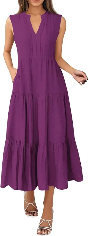 Summer Dresses for Women 2025 Casual Boho Maxi Sundresses Sleeveless V-Neck Pleated Dresses Beach Vacation Tank Dress
