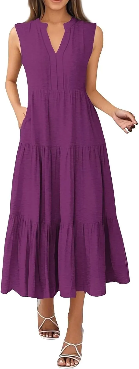 Summer Dresses for Women 2025 Casual Boho Maxi Sundresses Sleeveless V-Neck Pleated Dresses Beach Vacation Tank Dress