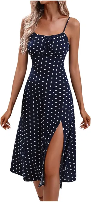 Sundresses for Women 2024 Sexy Boho Spaghetti Strap Polka Dot Tank Dress Flowy High Side Split Long Maxi Dresses