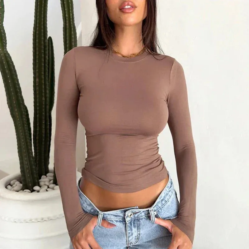 Tight White Basic Spring Casual Black Long Sleeve Round Neck Slim Fit Women's T-shirt