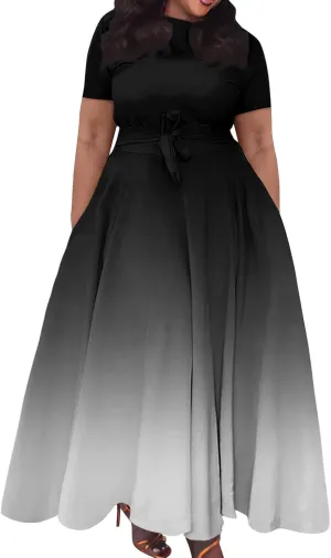 Trendy Short Sleeve Maxi Dresses Casual Plus Size Crewneck Long Sundress Elegant Formal A Line Smocked Flowy Party Dress