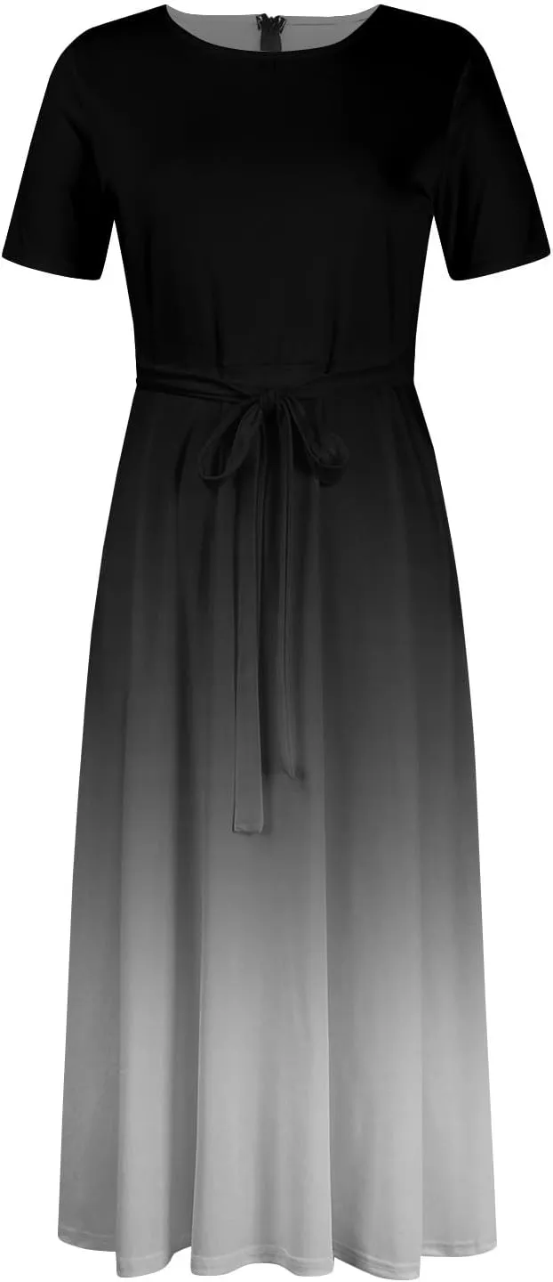 Trendy Short Sleeve Maxi Dresses Casual Plus Size Crewneck Long Sundress Elegant Formal A Line Smocked Flowy Party Dress