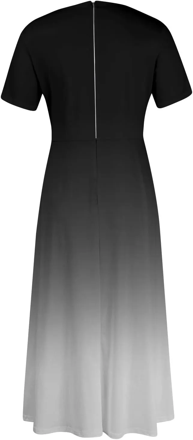 Trendy Short Sleeve Maxi Dresses Casual Plus Size Crewneck Long Sundress Elegant Formal A Line Smocked Flowy Party Dress