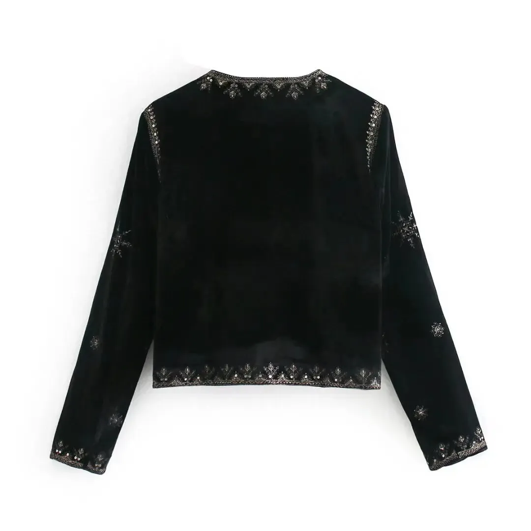 Trendy Women's Slim Fit Embroidered Velvet Coat for Spring/Summer - Elegant Casual Outerwear with Sequins and O-Neck Design