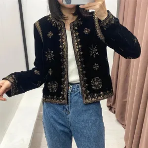 Trendy Women's Slim Fit Embroidered Velvet Coat for Spring/Summer - Elegant Casual Outerwear with Sequins and O-Neck Design
