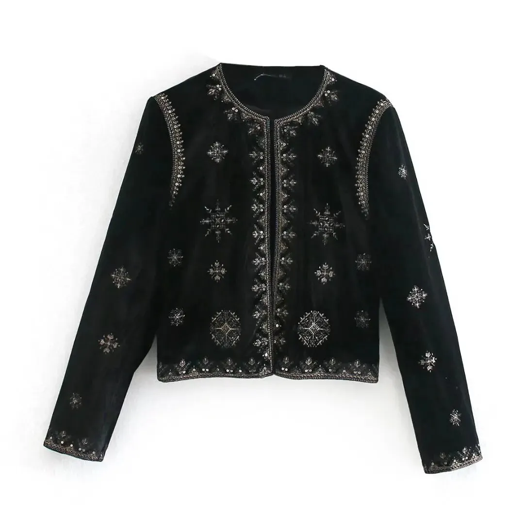 Trendy Women's Slim Fit Embroidered Velvet Coat for Spring/Summer - Elegant Casual Outerwear with Sequins and O-Neck Design
