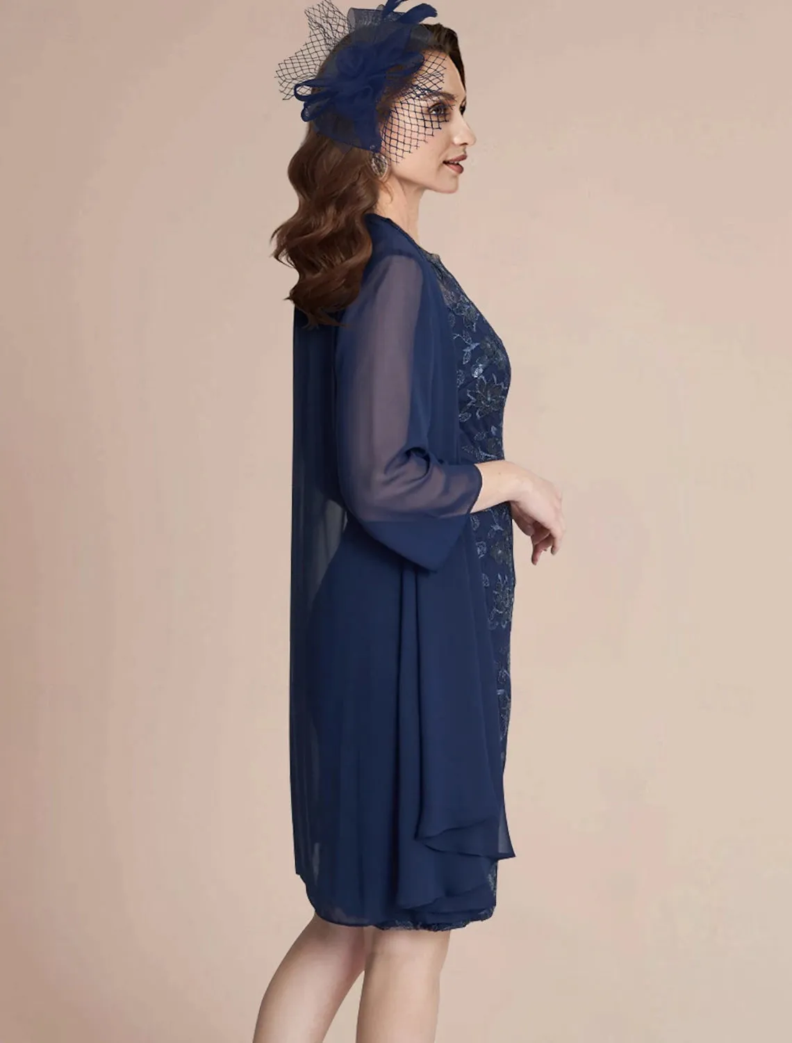 Two Piece Mother of the Bride Dress Elegant Jewel Neck Knee Length Lace Chiffon 3/4 Length Sleeve  Jacket Dresses with Lace
