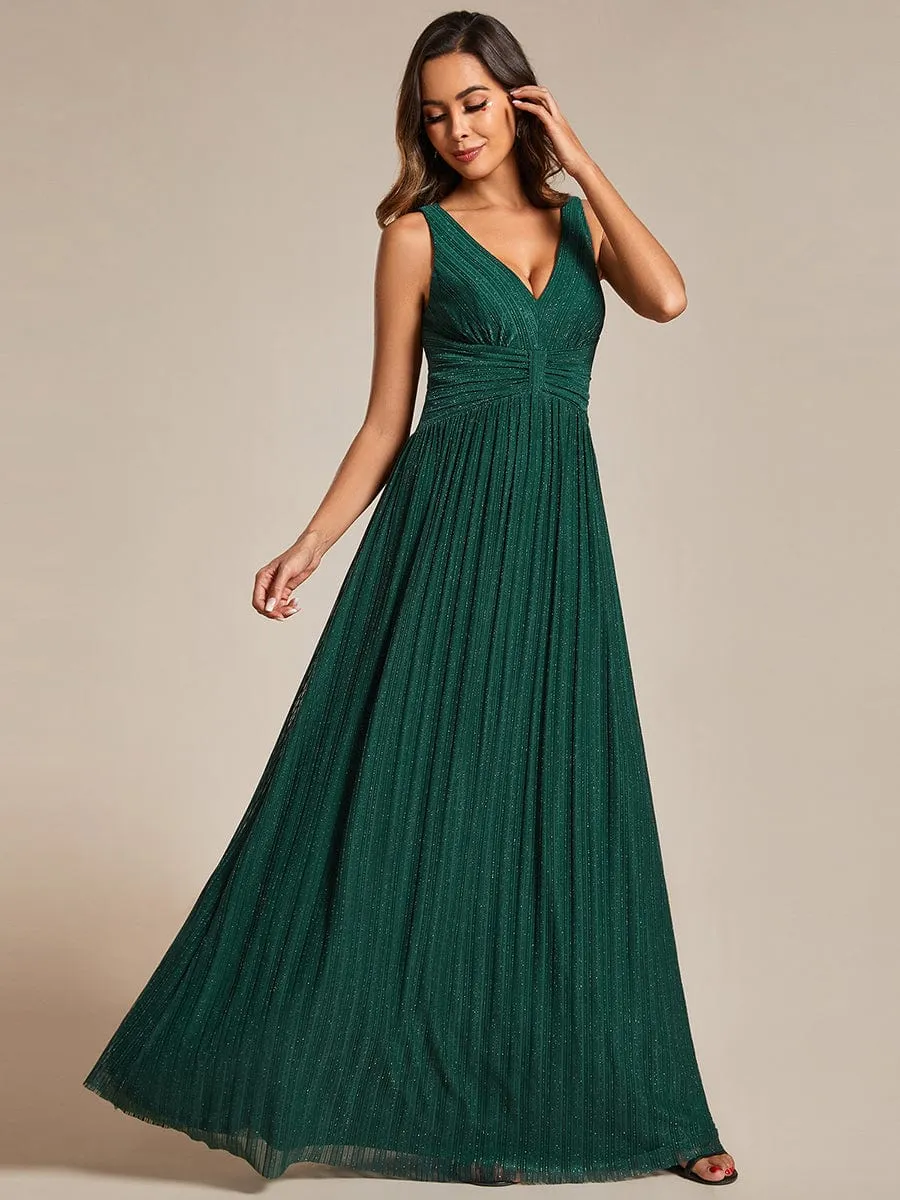 V-Neck Sleeveless A-Line Evening Dress with Subtle Glitter