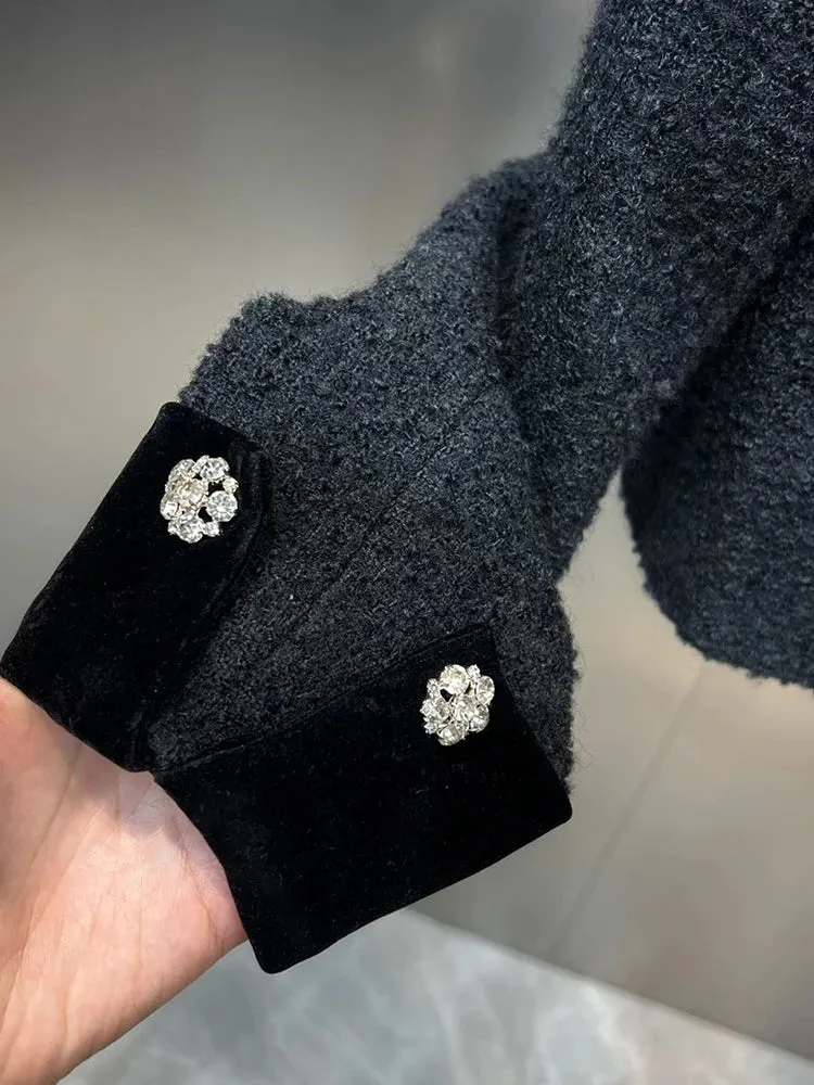 Velvet Lapel Diamond Studded Bow Short Jacket