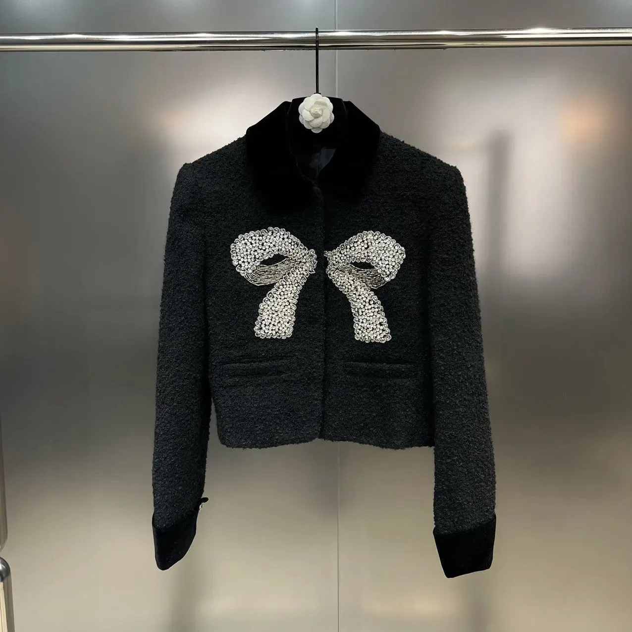 Velvet Lapel Diamond Studded Bow Short Jacket