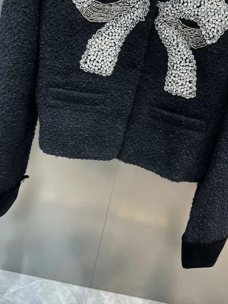 Velvet Lapel Diamond Studded Bow Short Jacket
