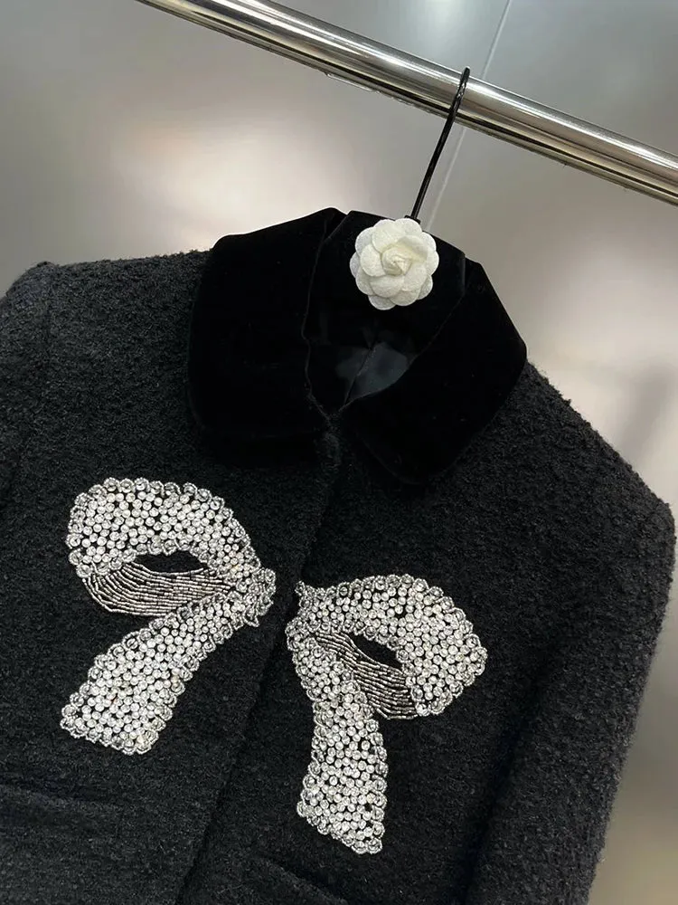Velvet Lapel Diamond Studded Bow Short Jacket