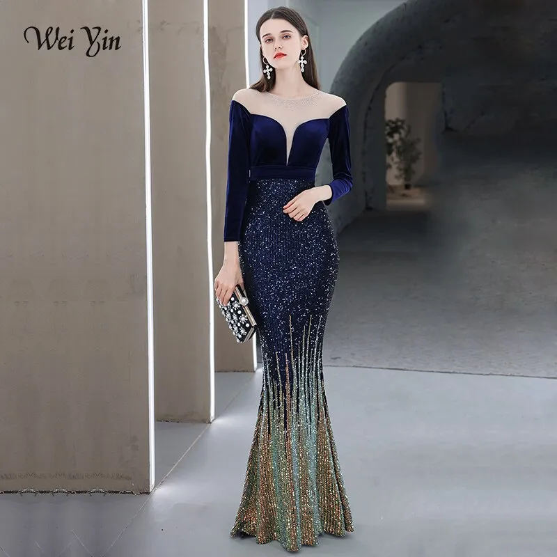 Weiyin AE0581 Robe De Soiree New Sexy 3/4 Sleeve Prom Dress Mermaid Burgundy Sequined Long Evening Dresses Elegant Abendkleider