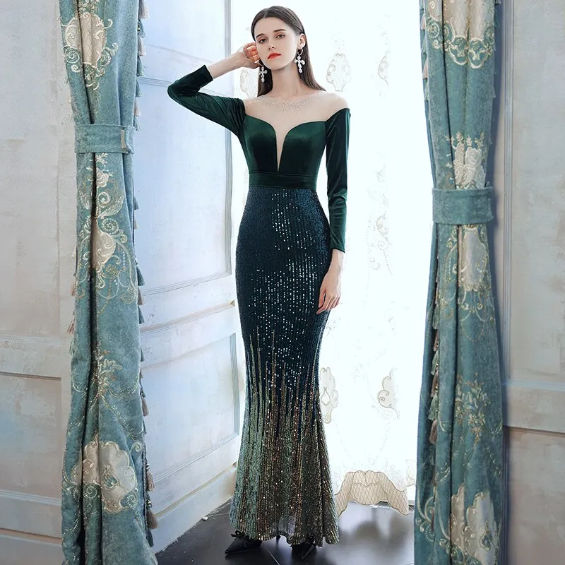 Weiyin AE0581 Robe De Soiree New Sexy 3/4 Sleeve Prom Dress Mermaid Burgundy Sequined Long Evening Dresses Elegant Abendkleider