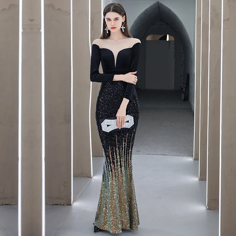 Weiyin AE0581 Robe De Soiree New Sexy 3/4 Sleeve Prom Dress Mermaid Burgundy Sequined Long Evening Dresses Elegant Abendkleider